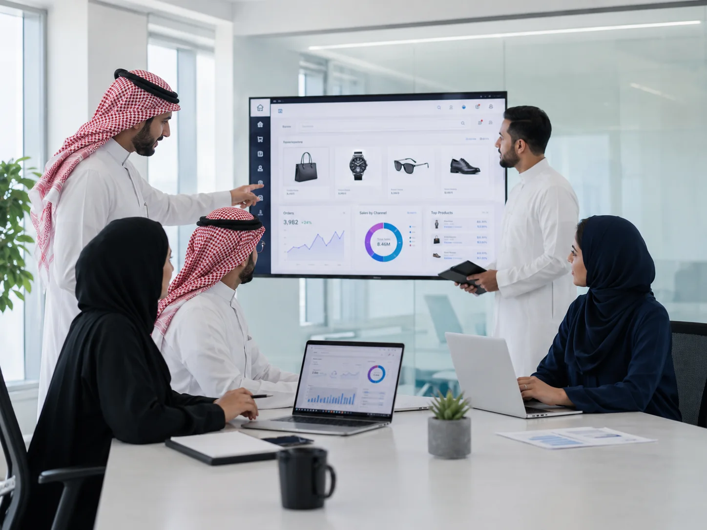 فريق سعودي يراجع لوحة تشغيل للتجارة الإلكترونية