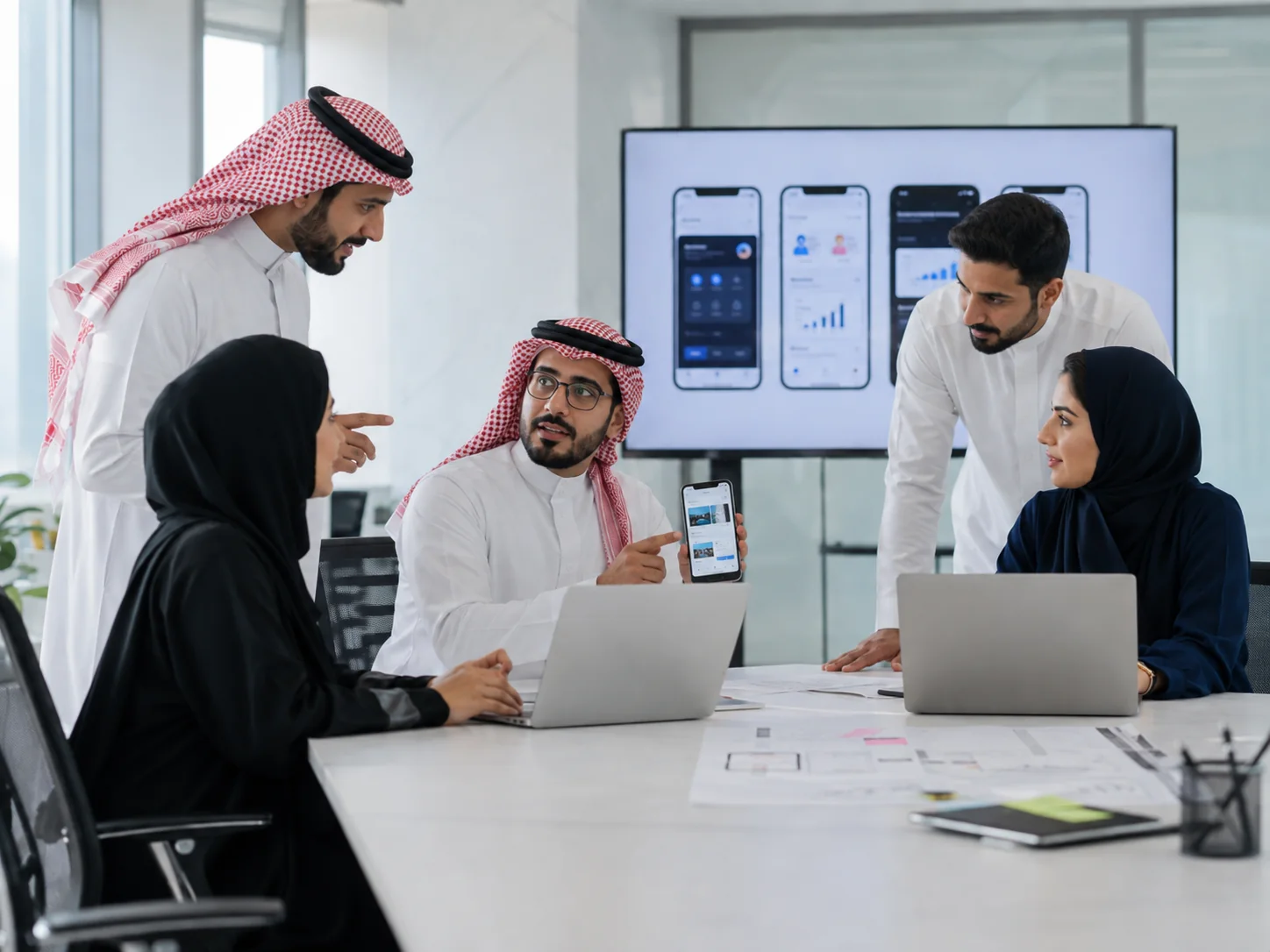فريق منتجات سعودي يراجع واجهة تطبيق جوال
