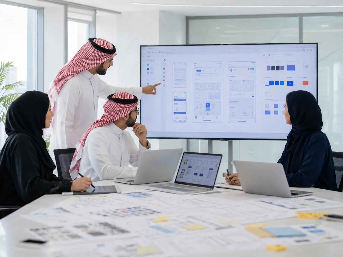 فريق تصميم منتجات سعودي يراجع واجهات ومسارات تجربة المستخدم